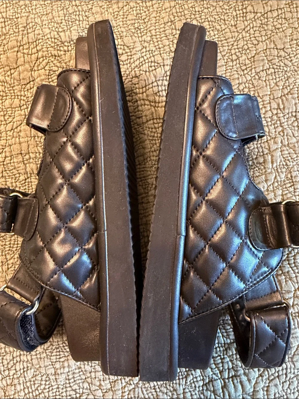 Kurt Geiger Black Quilted Leather Sandals with Silver Button Accent
